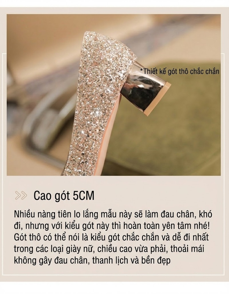 Giày Cao Gót Nữ Mũi Nhọn Quai Ngang Kim Tuyến Chiều Cao Đế Khoảng 5cm Màu Vàng Kim, Bạc chi tiết 9