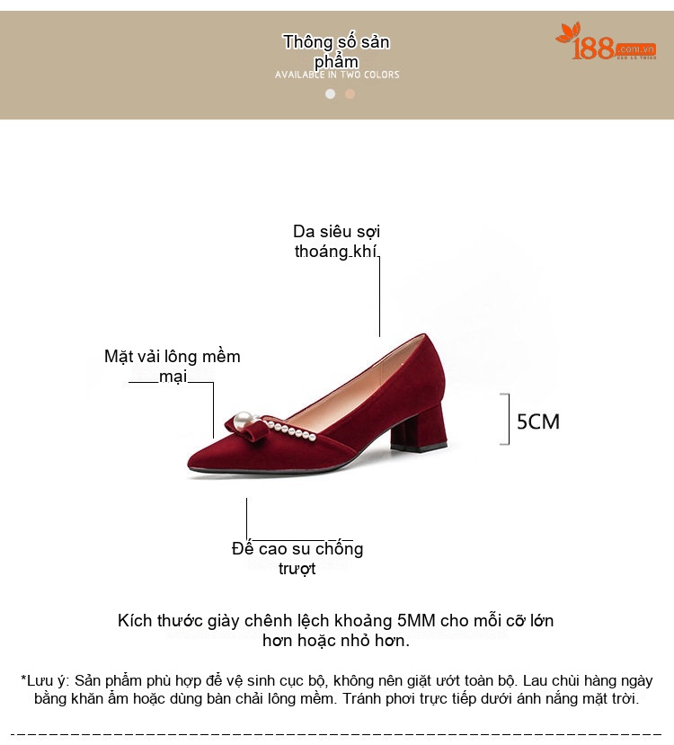 Giày Cao Gót Nữ Mũi Nhọn Quai Ngọc Chiều Cao Đế Khoảng 5cm Màu Trắng, Đỏ chi tiết 4
