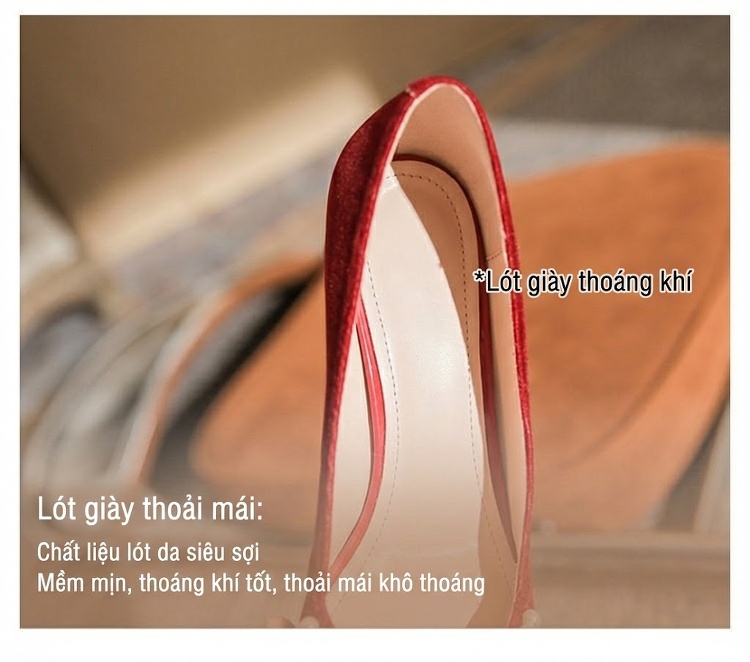 Giày Cao Gót Nữ Mũi Nhọn Quai Ngọc Chiều Cao Đế Khoảng 5cm Màu Trắng, Đỏ chi tiết 8