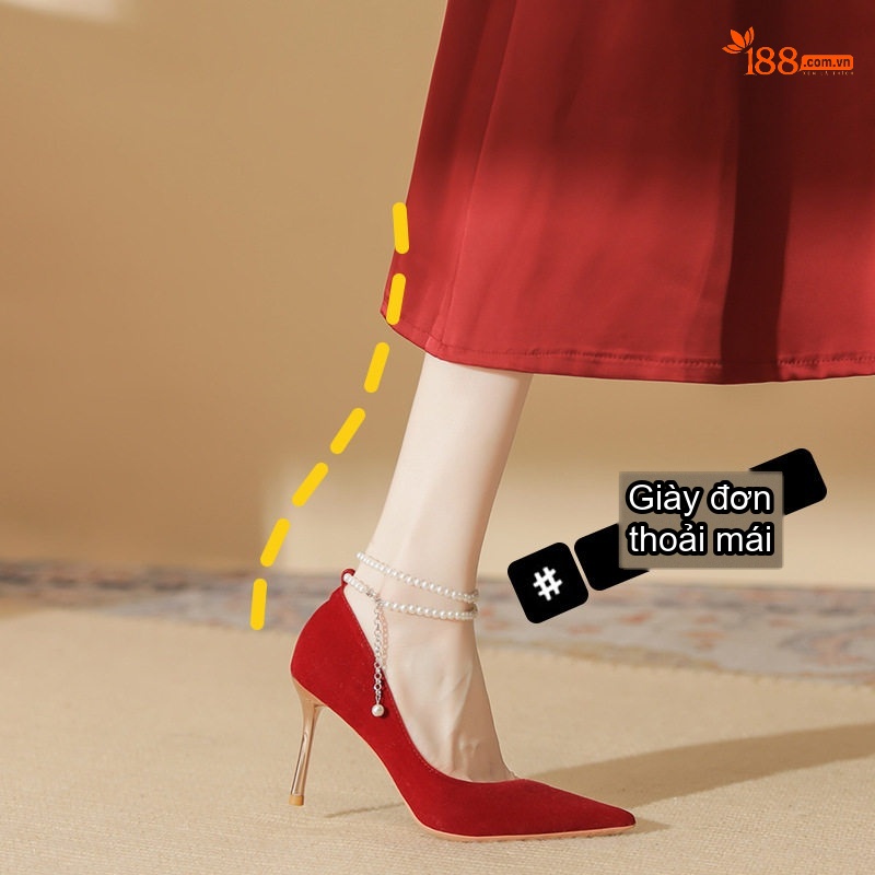 Giày Cao Gót Nữ Mũi Nhọn Quai Ngọc Trai Chiều Cao Đế Khoảng 8cm Màu Đỏ