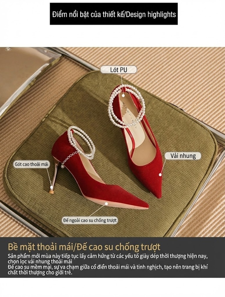 Giày Cao Gót Nữ Mũi Nhọn Quai Ngọc Trai Chiều Cao Đế Khoảng 8cm Màu Đỏ chi tiết 2
