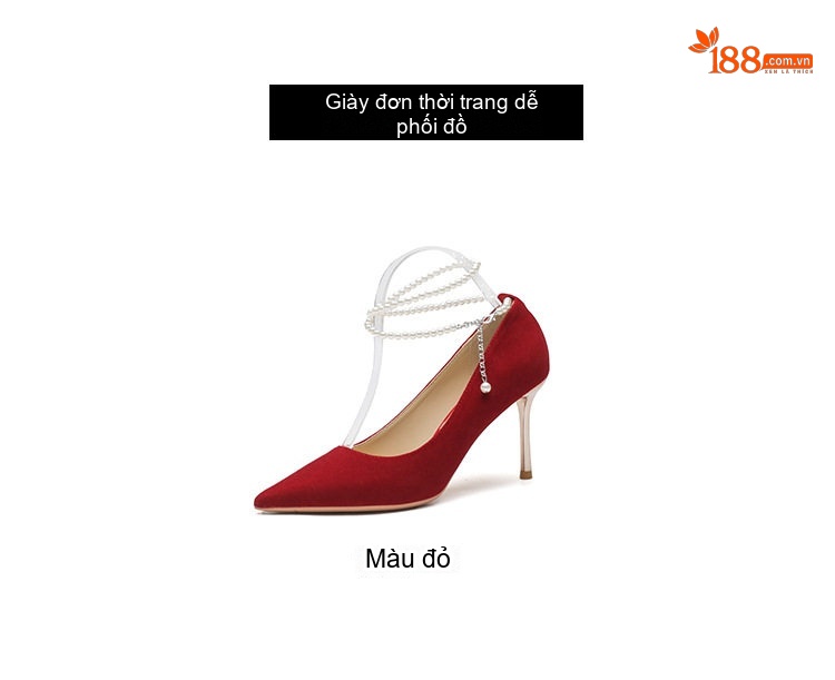 Giày Cao Gót Nữ Mũi Nhọn Quai Ngọc Trai Chiều Cao Đế Khoảng 8cm Màu Đỏ chi tiết 5