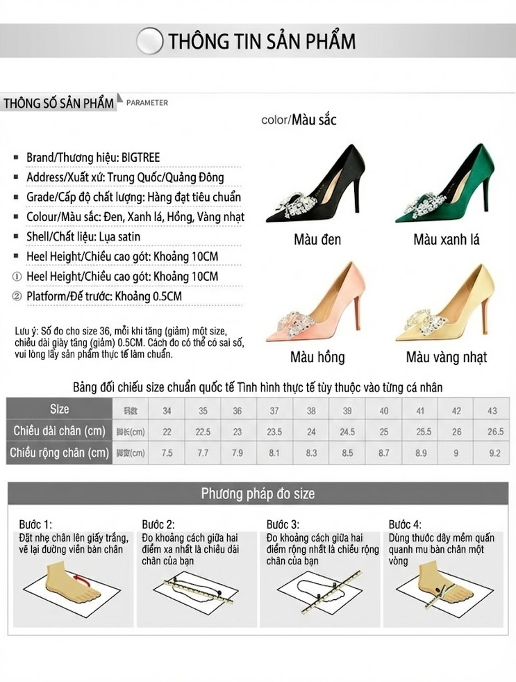 Giày Cao Gót Nữ Mũi Nhọn Quai Nơ Đính Đá Phong Cách Âu Mỹ Chiều Cao Đế Khoảng 8cm Chất Liệu Lụa Màu Đen, Vàng, Xanh Lá, Hồng chi tiết 1