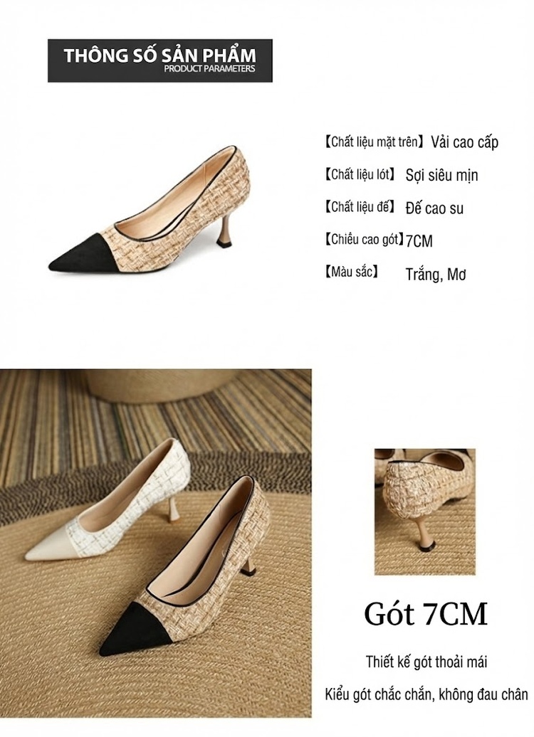 Giày Cao Gót Nữ Mũi Nhọn Vải Họa Tiết Chiều Cao Đế Khoảng 5cm Màu Be, Đen chi tiết 2
