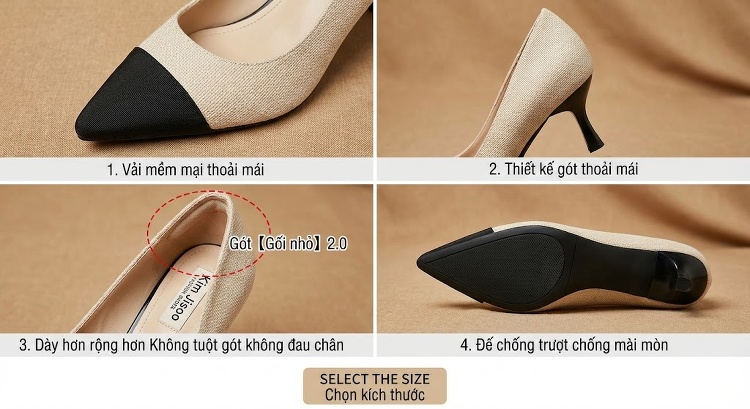 Giày Cao Gót Nữ Mũi Nhọn Vải Họa Tiết Chiều Cao Đế Khoảng 5cm Màu Be, Đen chi tiết 3