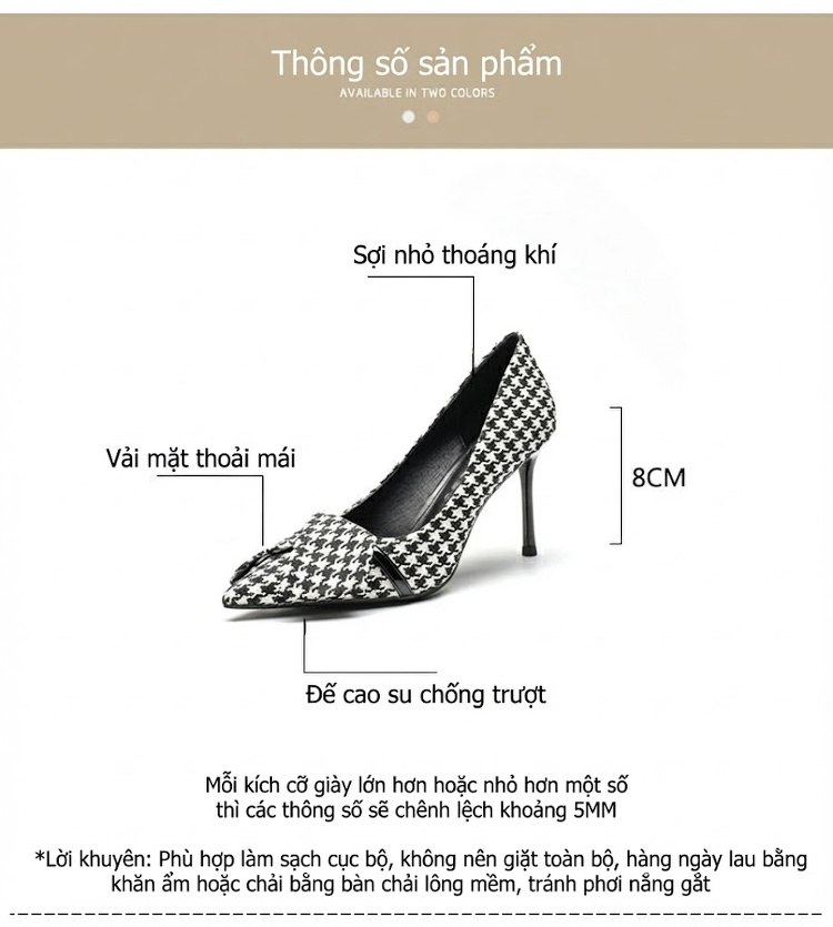 Giày Cao Gót Nữ Mũi Nhọn Vải Họa Tiết Houndstooth Chiều Cao Đế Khoảng 7cm Màu Đen Trắng, Xanh Trắng chi tiết 4