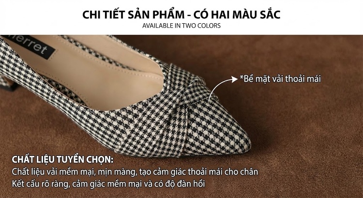 Giày Cao Gót Nữ Mũi Nhọn Vải Họa Tiết Houndstooth Chiều Cao Đế Khoảng 7cm Màu Đen Trắng, Xanh Trắng chi tiết 7