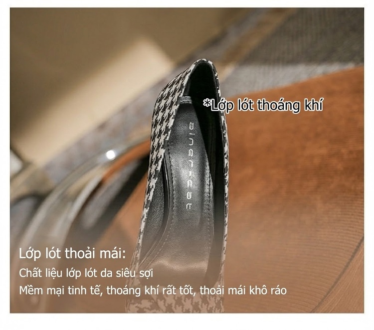 Giày Cao Gót Nữ Mũi Nhọn Vải Họa Tiết Houndstooth Chiều Cao Đế Khoảng 7cm Màu Đen Trắng, Xanh Trắng chi tiết 8