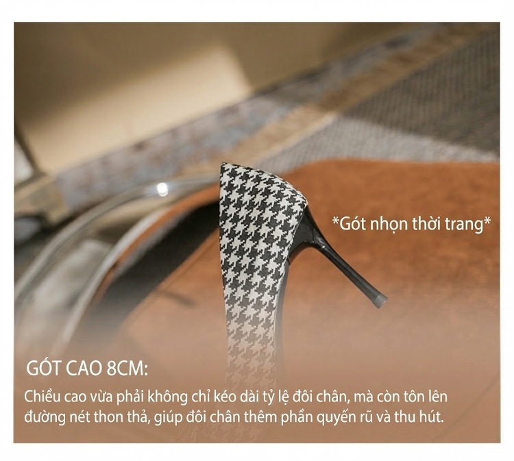 Giày Cao Gót Nữ Mũi Nhọn Vải Họa Tiết Houndstooth Chiều Cao Đế Khoảng 7cm Màu Đen Trắng, Xanh Trắng chi tiết 9
