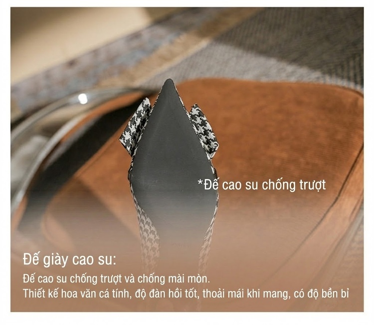 Giày Cao Gót Nữ Mũi Nhọn Vải Họa Tiết Houndstooth Chiều Cao Đế Khoảng 7cm Màu Đen Trắng, Xanh Trắng chi tiết 10