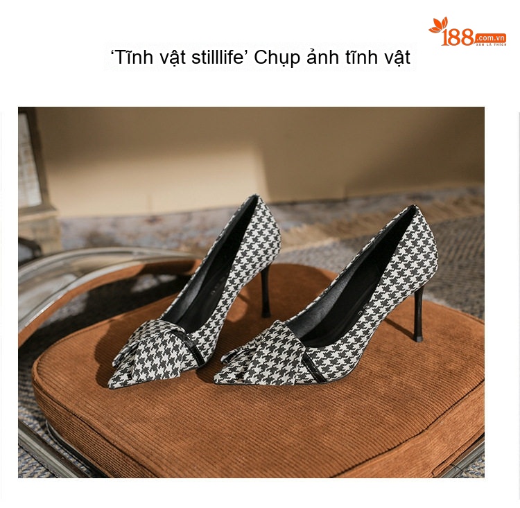 Giày Cao Gót Nữ Mũi Nhọn Vải Họa Tiết Houndstooth Chiều Cao Đế Khoảng 7cm Màu Đen Trắng, Xanh Trắng chi tiết 23