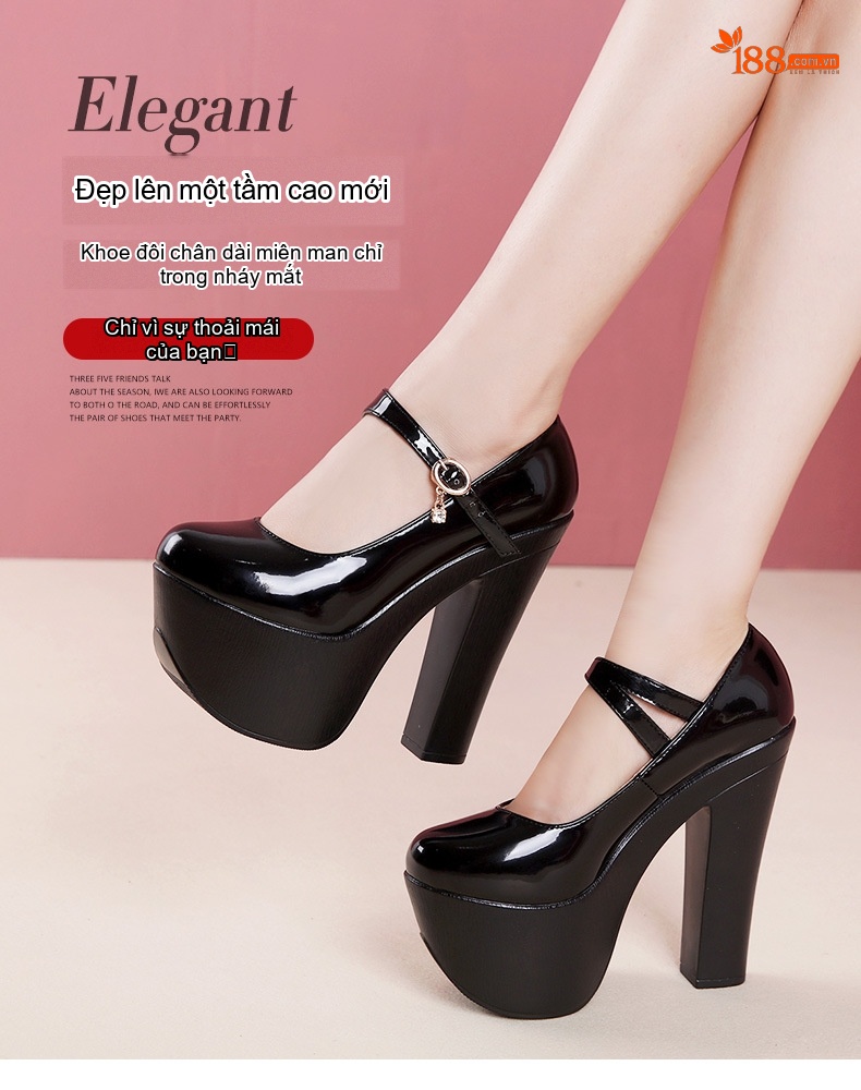Giày Cao Gót Nữ Mũi Tròn Đế Xuồng Chiều Cao Đế Khoảng 15cm Da Bóng Màu Đen, Bạc, Vàng, Đỏ... chi tiết 4