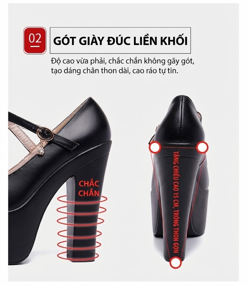 Giày Cao Gót Nữ Mũi Tròn Đế Xuồng Chiều Cao Đế Khoảng 15cm Da Bóng Màu Đen, Bạc, Vàng, Đỏ... chi tiết 6