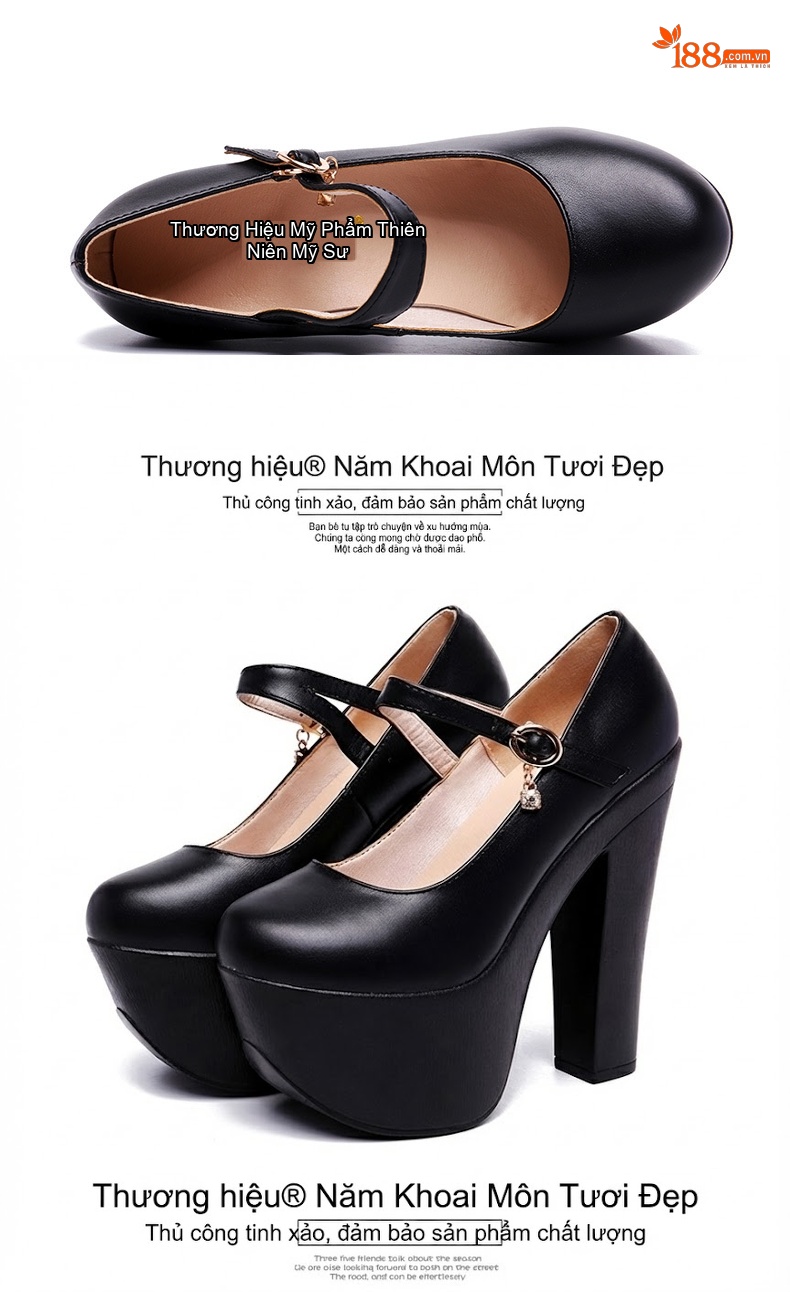 Giày Cao Gót Nữ Mũi Tròn Đế Xuồng Chiều Cao Đế Khoảng 15cm Da Bóng Màu Đen, Bạc, Vàng, Đỏ... chi tiết 16