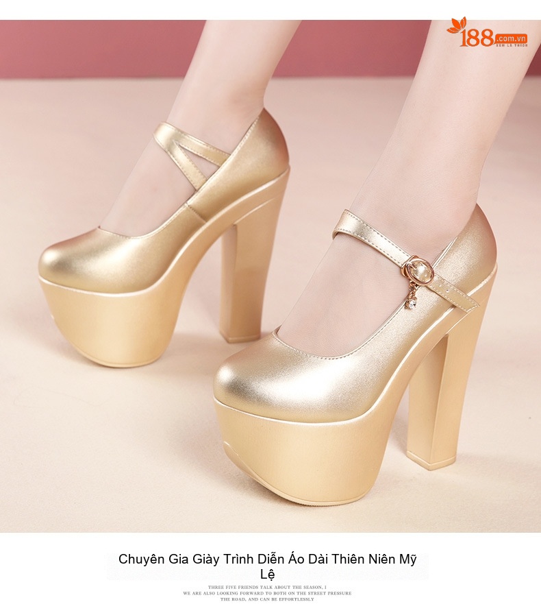 Giày Cao Gót Nữ Mũi Tròn Đế Xuồng Chiều Cao Đế Khoảng 15cm Da Bóng Màu Đen, Bạc, Vàng, Đỏ... chi tiết 11