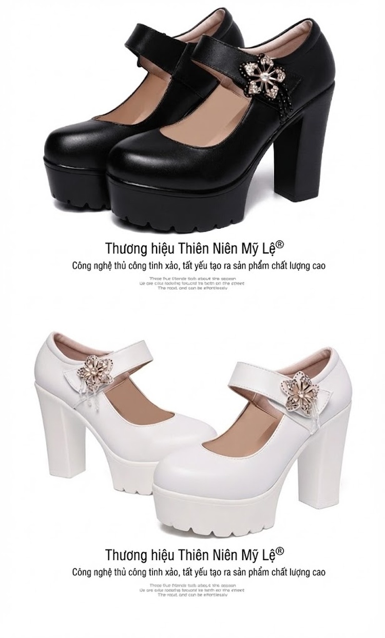 Giày Cao Gót Nữ Mũi Tròn Đế Xuồng Chiều Cao Đế Khoảng 8cm Quai Ngang Da Bóng Màu Đen, Trắng, Bạc chi tiết 17