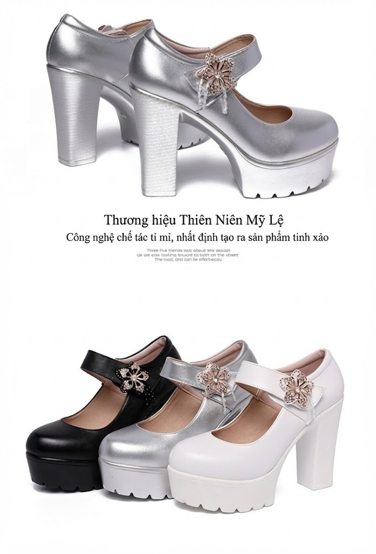 Giày Cao Gót Nữ Mũi Tròn Đế Xuồng Chiều Cao Đế Khoảng 8cm Quai Ngang Da Bóng Màu Đen, Trắng, Bạc chi tiết 18