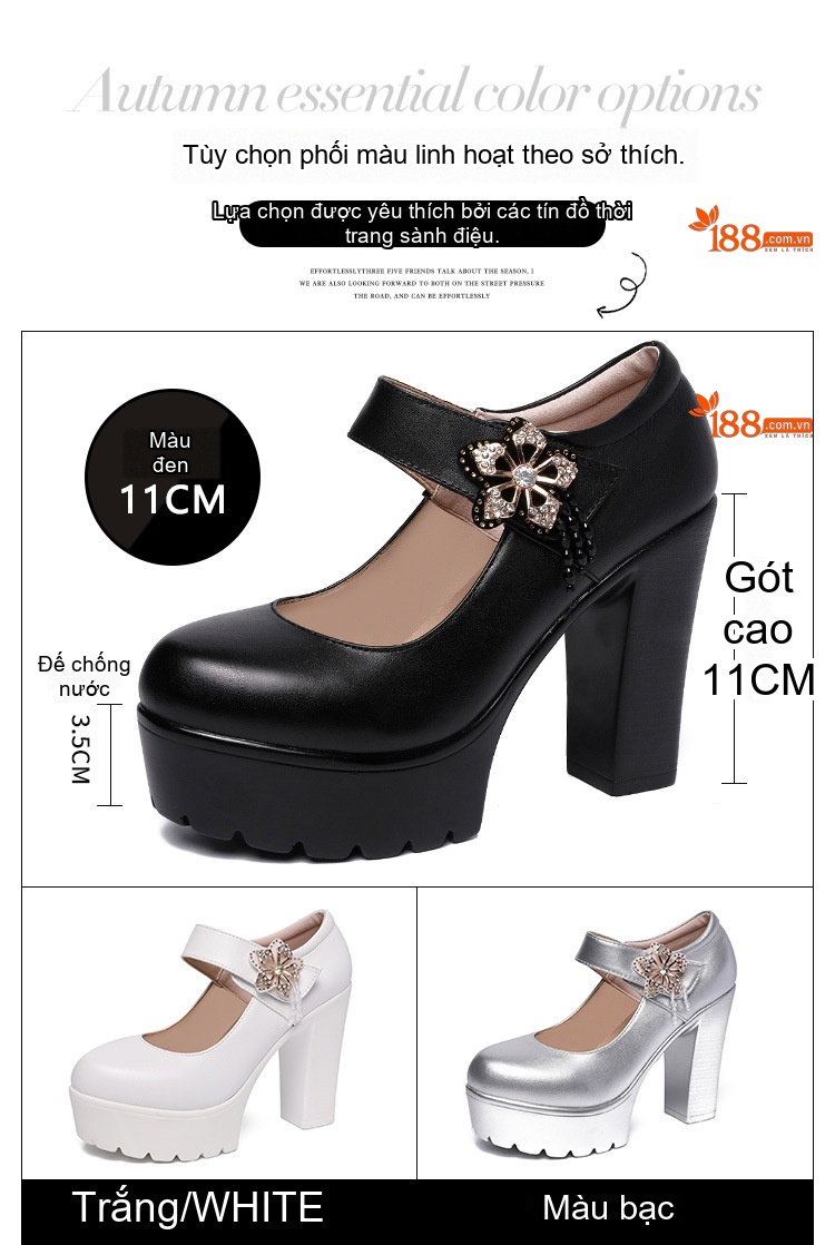 Giày Cao Gót Nữ Mũi Tròn Đế Xuồng Chiều Cao Đế Khoảng 8cm Quai Ngang Da Bóng Màu Đen, Trắng, Bạc chi tiết 4