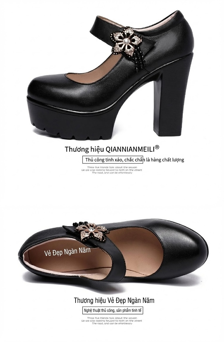 Giày Cao Gót Nữ Mũi Tròn Đế Xuồng Chiều Cao Đế Khoảng 8cm Quai Ngang Da Bóng Màu Đen, Trắng, Bạc chi tiết 16
