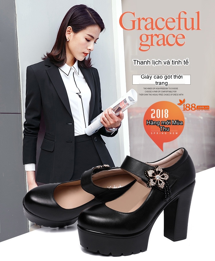 Giày Cao Gót Nữ Mũi Tròn Đế Xuồng Chiều Cao Đế Khoảng 8cm Quai Ngang Da Bóng Màu Đen, Trắng, Bạc chi tiết 1