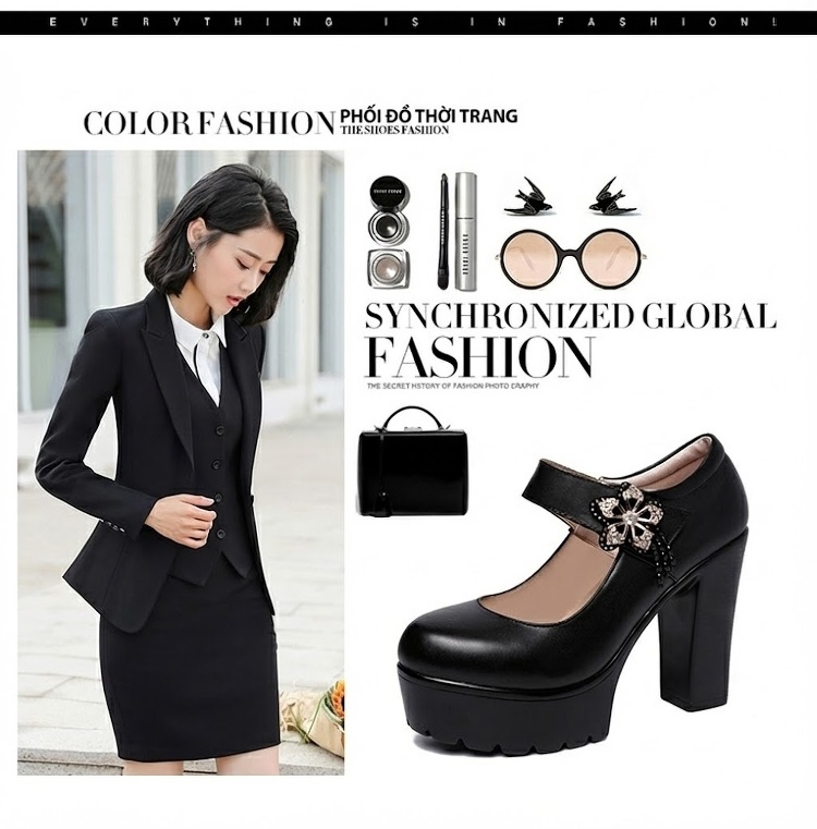 Giày Cao Gót Nữ Mũi Tròn Đế Xuồng Chiều Cao Đế Khoảng 8cm Quai Ngang Da Bóng Màu Đen, Trắng, Bạc chi tiết 2