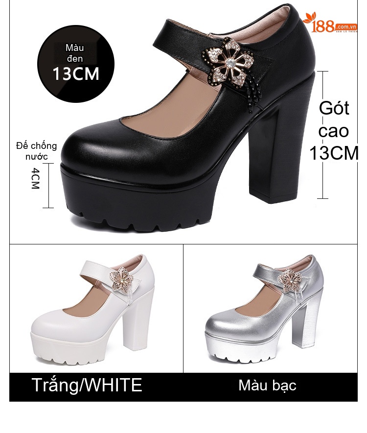 Giày Cao Gót Nữ Mũi Tròn Đế Xuồng Chiều Cao Đế Khoảng 8cm Quai Ngang Da Bóng Màu Đen, Trắng, Bạc chi tiết 5