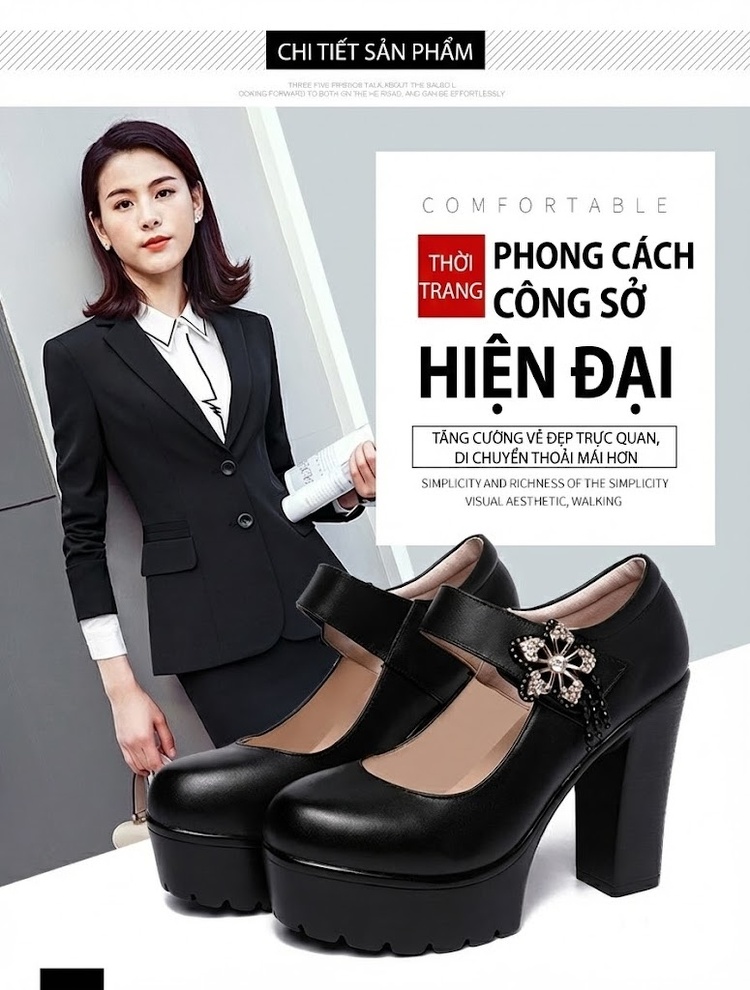 Giày Cao Gót Nữ Mũi Tròn Đế Xuồng Chiều Cao Đế Khoảng 8cm Quai Ngang Da Bóng Màu Đen, Trắng, Bạc chi tiết 6