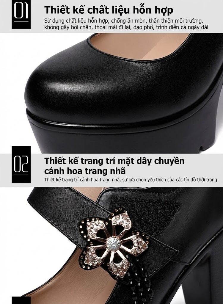 Giày Cao Gót Nữ Mũi Tròn Đế Xuồng Chiều Cao Đế Khoảng 8cm Quai Ngang Da Bóng Màu Đen, Trắng, Bạc chi tiết 7