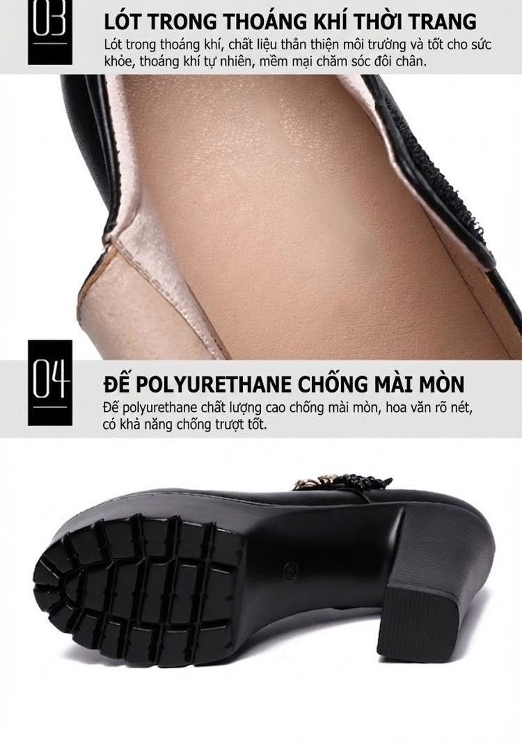 Giày Cao Gót Nữ Mũi Tròn Đế Xuồng Chiều Cao Đế Khoảng 8cm Quai Ngang Da Bóng Màu Đen, Trắng, Bạc chi tiết 8