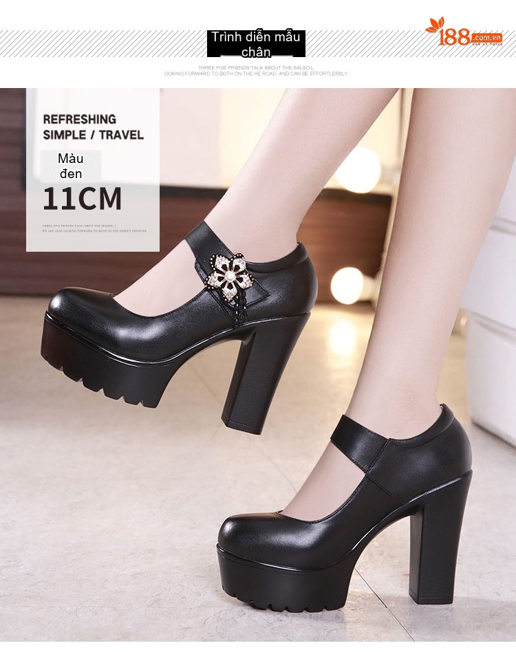 Giày Cao Gót Nữ Mũi Tròn Đế Xuồng Chiều Cao Đế Khoảng 8cm Quai Ngang Da Bóng Màu Đen, Trắng, Bạc chi tiết 9