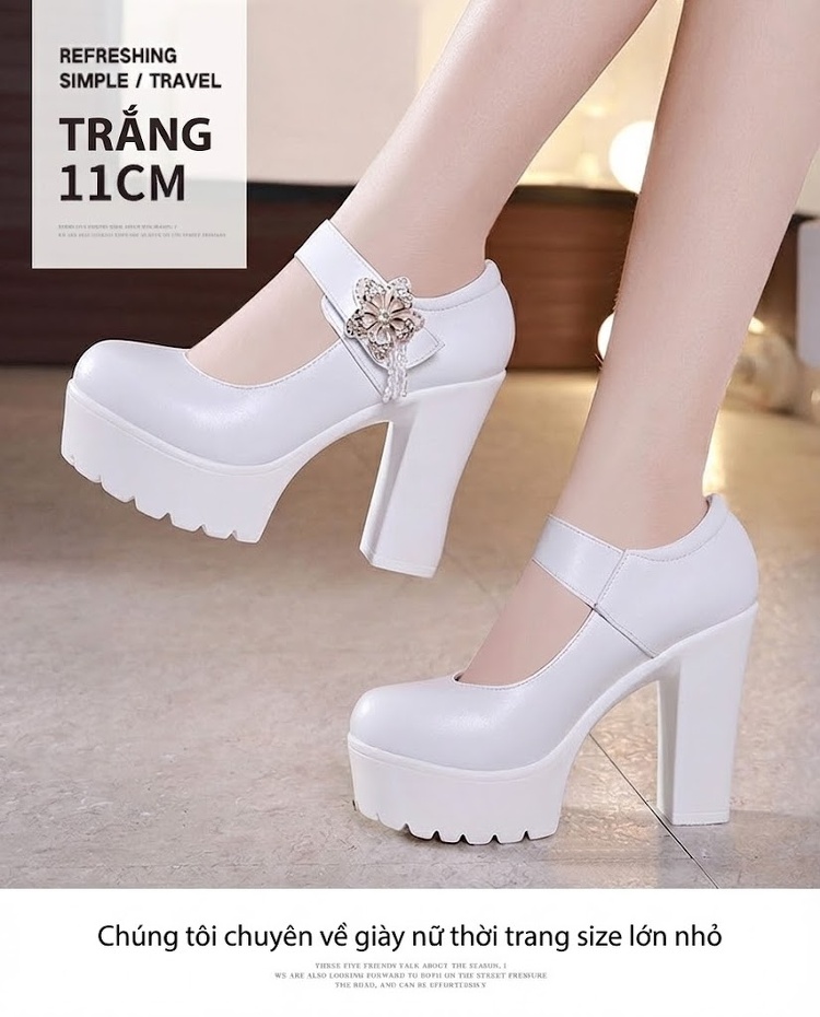 Giày Cao Gót Nữ Mũi Tròn Đế Xuồng Chiều Cao Đế Khoảng 8cm Quai Ngang Da Bóng Màu Đen, Trắng, Bạc chi tiết 11