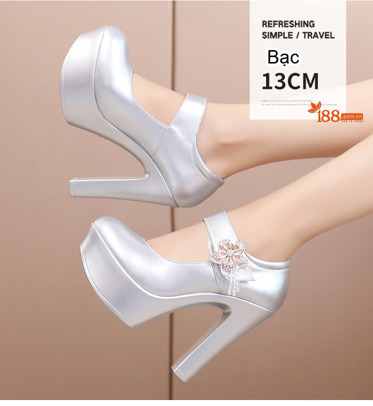 Giày Cao Gót Nữ Mũi Tròn Đế Xuồng Chiều Cao Đế Khoảng 8cm Quai Ngang Da Bóng Màu Đen, Trắng, Bạc chi tiết 13