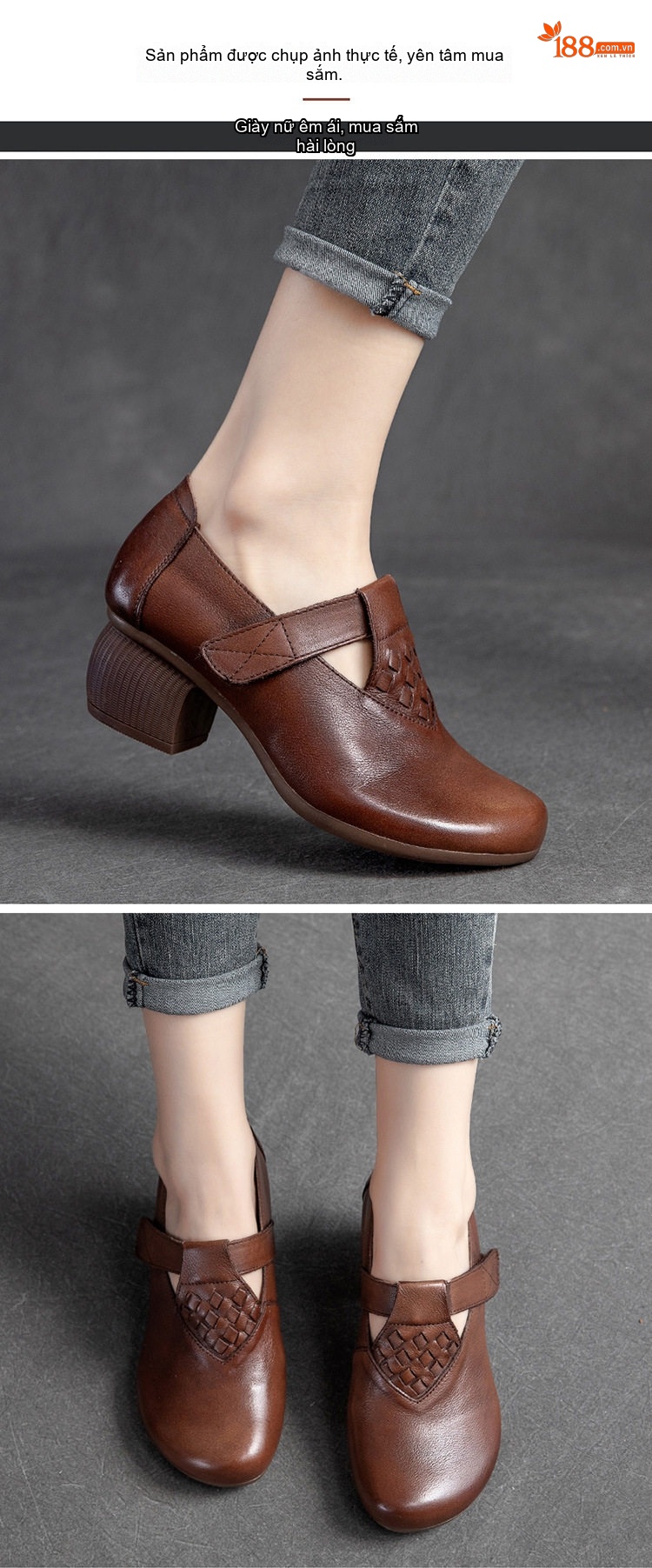 Giày cao gót nữ mũi tròn quai dán trang trí đan, gót 5 cm chi tiết 8