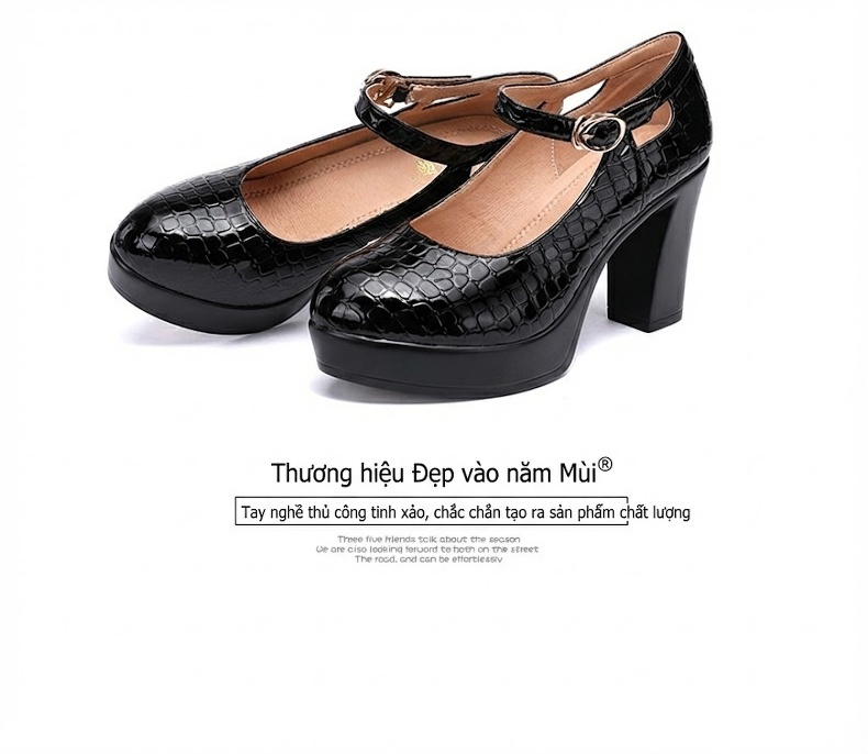 Giày Cao Gót Nữ Mũi Tròn Vân Cá Sấu Quai Ngang Chiều Cao Đế Khoảng 9cm Màu Đen, Trắng chi tiết 17