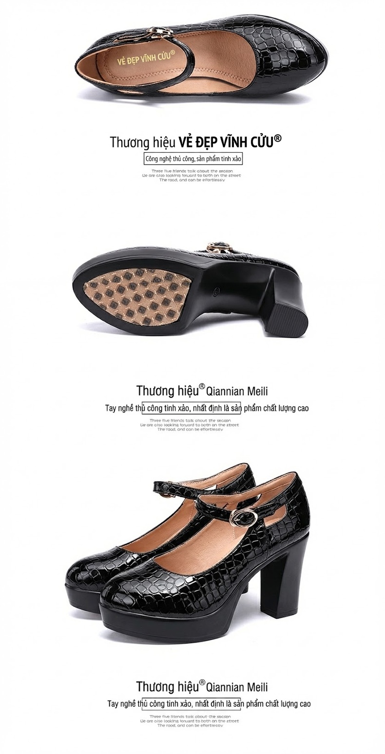 Giày Cao Gót Nữ Mũi Tròn Vân Cá Sấu Quai Ngang Chiều Cao Đế Khoảng 9cm Màu Đen, Trắng chi tiết 16