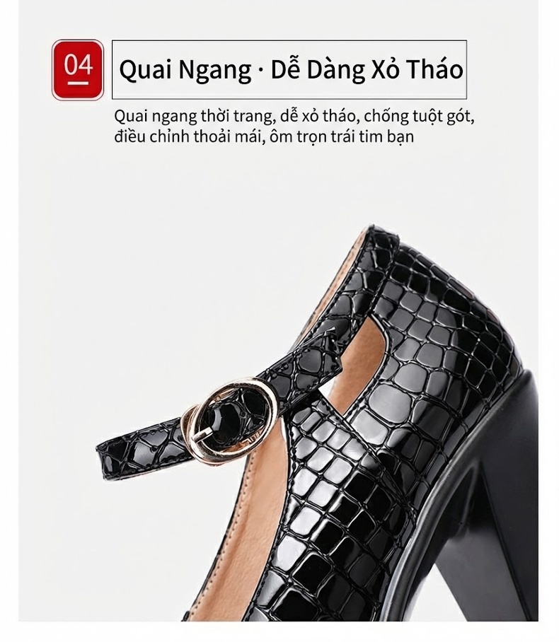 Giày Cao Gót Nữ Mũi Tròn Vân Cá Sấu Quai Ngang Chiều Cao Đế Khoảng 9cm Màu Đen, Trắng chi tiết 9