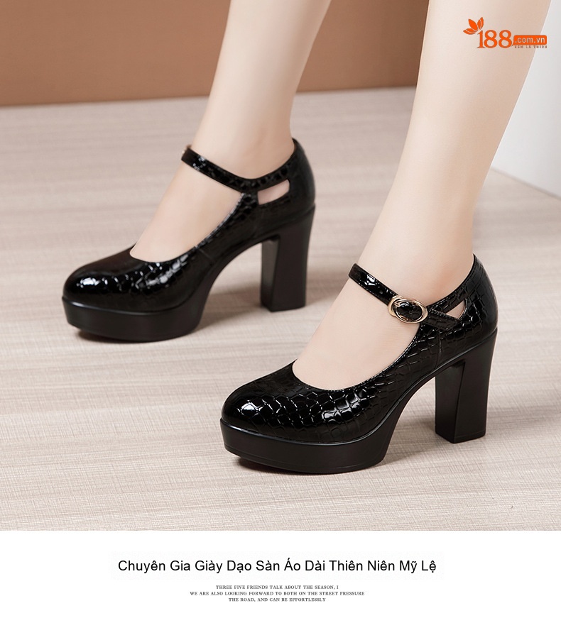 Giày Cao Gót Nữ Mũi Tròn Vân Cá Sấu Quai Ngang Chiều Cao Đế Khoảng 9cm Màu Đen, Trắng chi tiết 11