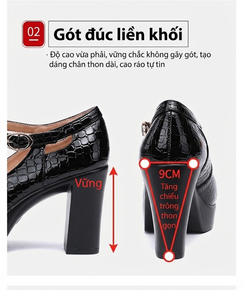 Giày Cao Gót Nữ Mũi Tròn Vân Cá Sấu Quai Ngang Chiều Cao Đế Khoảng 9cm Màu Đen, Trắng chi tiết 7
