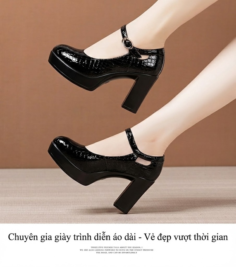 Giày Cao Gót Nữ Mũi Tròn Vân Cá Sấu Quai Ngang Chiều Cao Đế Khoảng 9cm Màu Đen, Trắng chi tiết 13