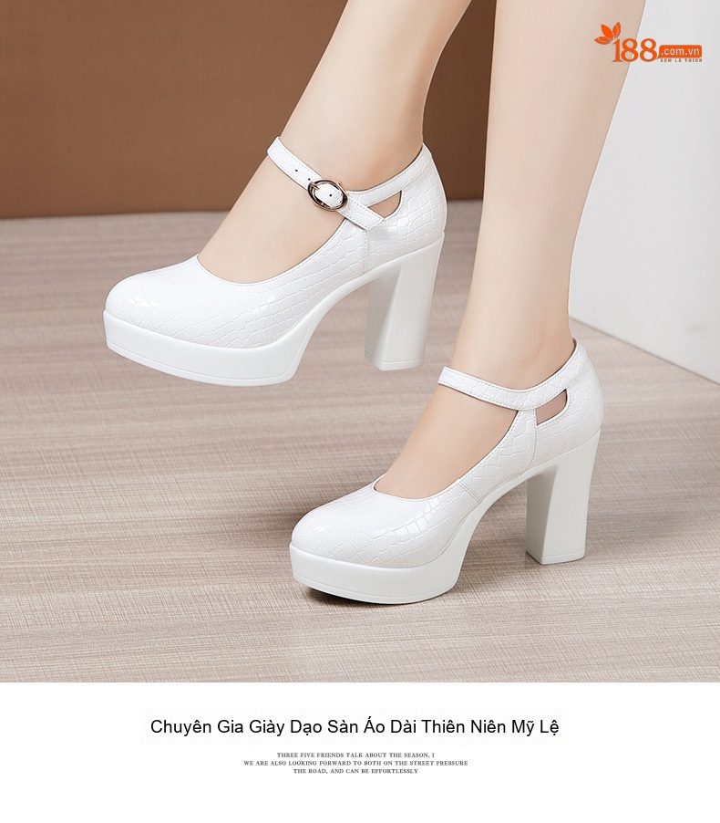 Giày Cao Gót Nữ Mũi Tròn Vân Cá Sấu Quai Ngang Chiều Cao Đế Khoảng 9cm Màu Đen, Trắng chi tiết 14