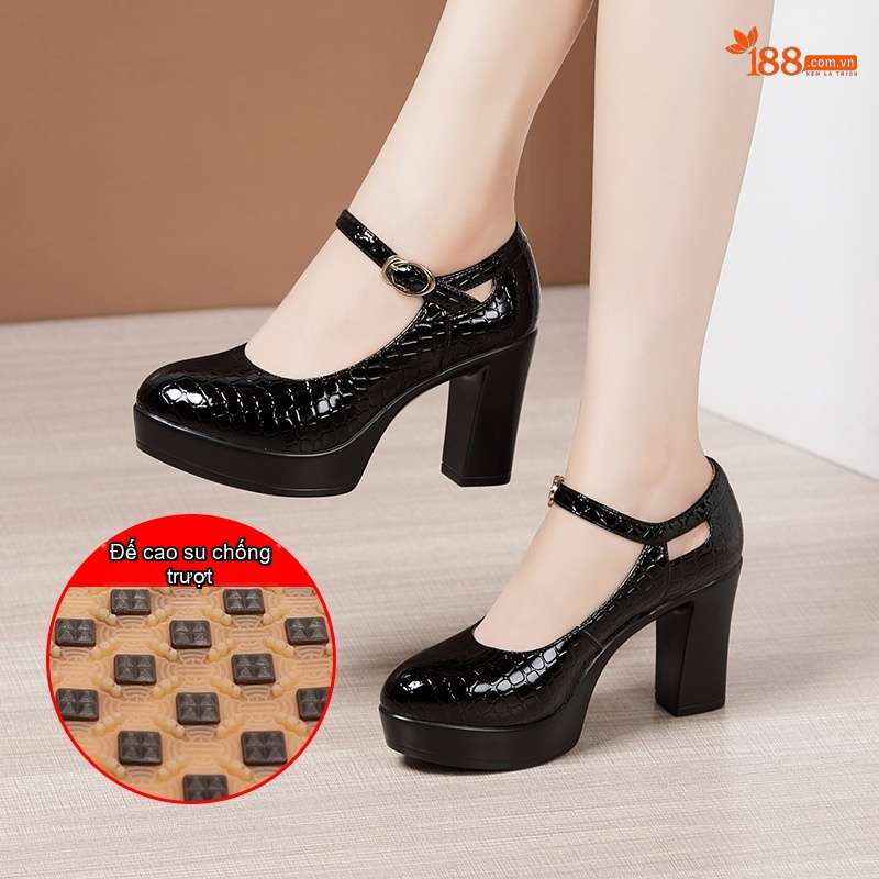 Giày Cao Gót Nữ Mũi Tròn Vân Cá Sấu Quai Ngang Chiều Cao Đế Khoảng 9cm Màu Đen, Trắng