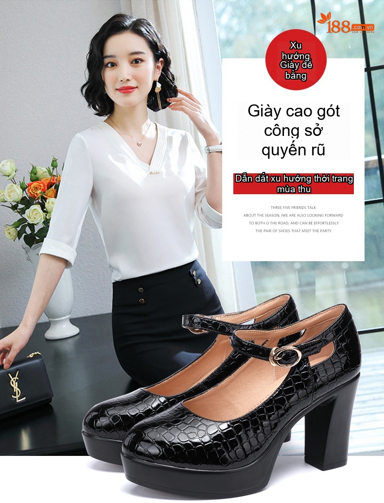 Giày Cao Gót Nữ Mũi Tròn Vân Cá Sấu Quai Ngang Chiều Cao Đế Khoảng 9cm Màu Đen, Trắng chi tiết 1