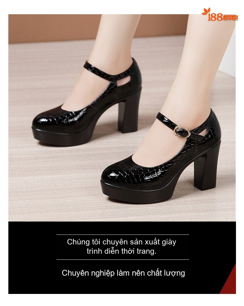 Giày Cao Gót Nữ Mũi Tròn Vân Cá Sấu Quai Ngang Chiều Cao Đế Khoảng 9cm Màu Đen, Trắng chi tiết 3