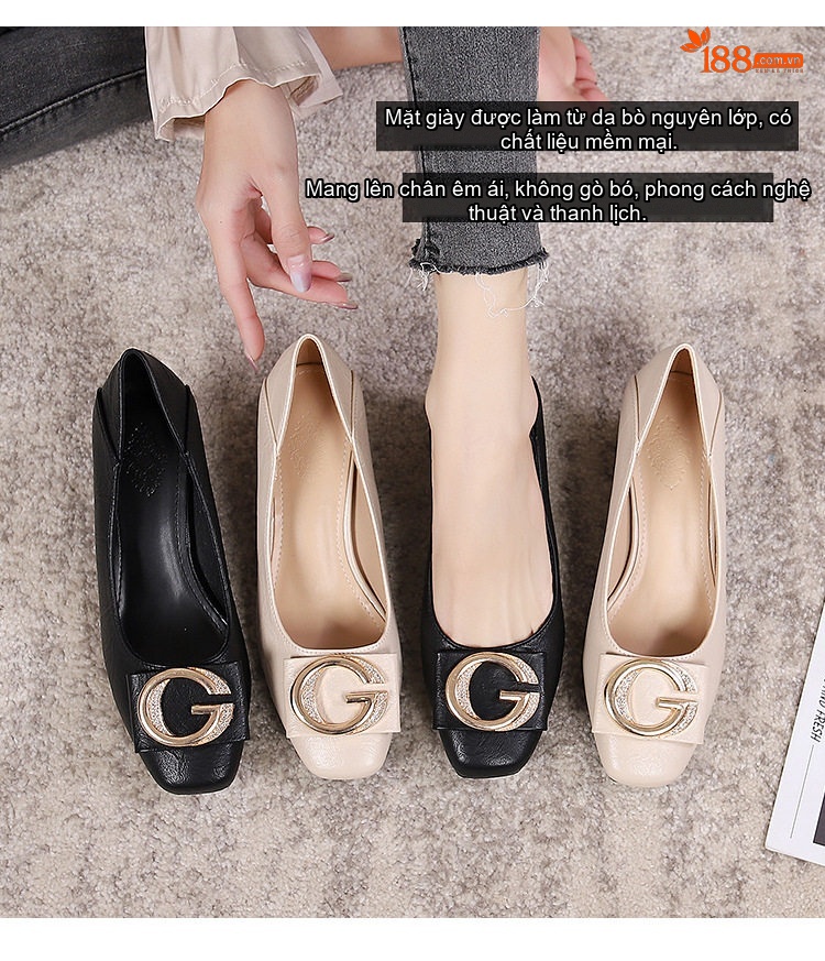 Giày Cao Gót Nữ Mũi Vuông Da Mềm Chiều Cao Đế Khoảng 5cm Màu Đen, Kem chi tiết 4