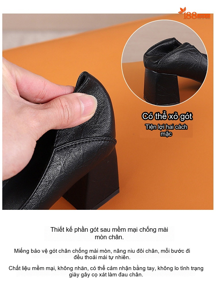 Giày Cao Gót Nữ Mũi Vuông Da Mềm Chiều Cao Đế Khoảng 5cm Màu Đen, Kem chi tiết 10