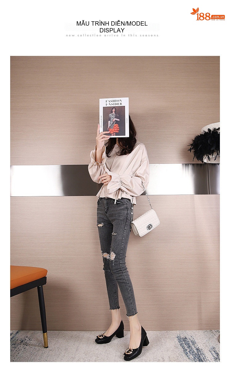 Giày Cao Gót Nữ Mũi Vuông Da Mềm Chiều Cao Đế Khoảng 5cm Màu Đen, Kem chi tiết 11