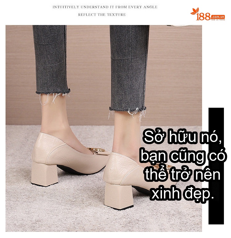 Giày Cao Gót Nữ Mũi Vuông Da Mềm Chiều Cao Đế Khoảng 5cm Màu Đen, Kem chi tiết 23