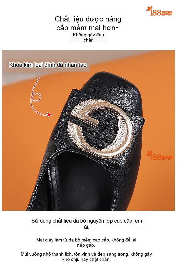 Giày Cao Gót Nữ Mũi Vuông Da Mềm Chiều Cao Đế Khoảng 5cm Màu Đen, Kem chi tiết 6