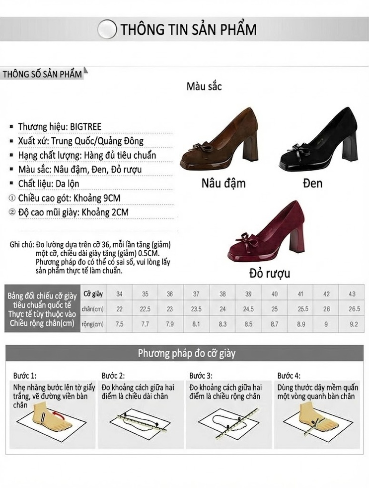 Giày Cao Gót Nữ Mũi Vuông Đế Xuồng Nỉ Chiều Cao Đế Khoảng 8cm Trang Trí Nơ Màu Đỏ Rượu, Đen, Nâu chi tiết 1