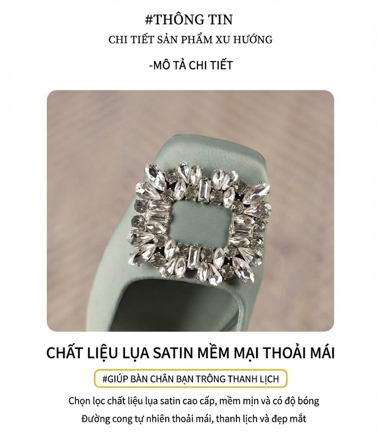 Giày Cao Gót Nữ Mũi Vuông Đính Đá Chiều Cao Đế Khoảng 5cm Màu Đen, Nâu, Xanh chi tiết 3
